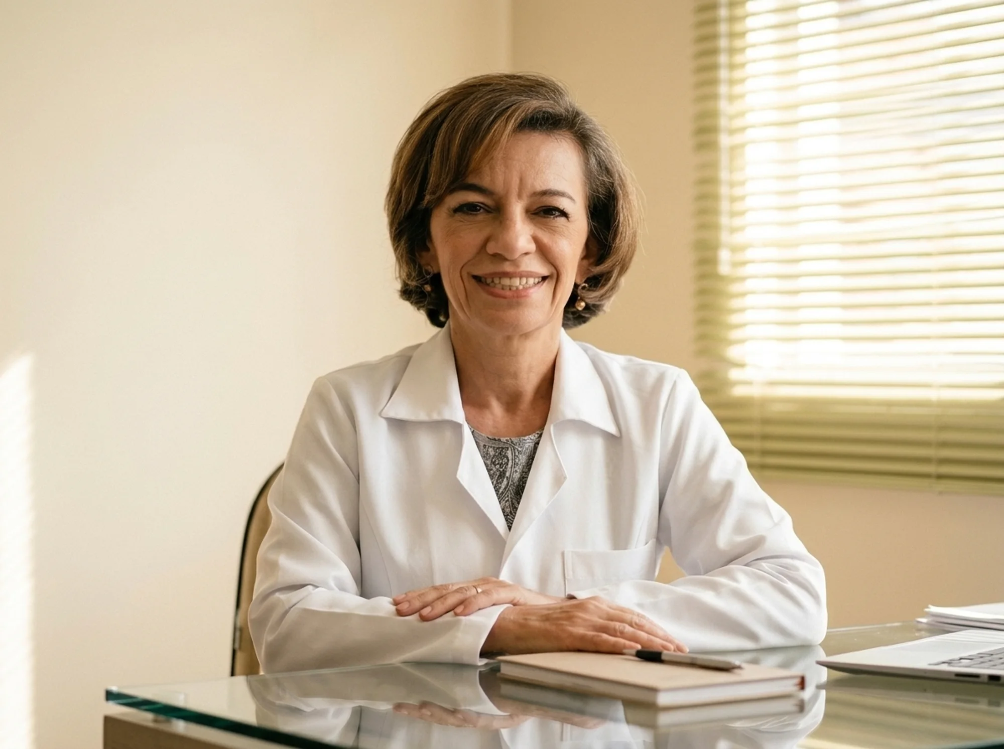 Valdeiza Marques sentada à mesa de vidro do consultório, de jaleco branco, sorrindo, com a persiana creme ao fundo